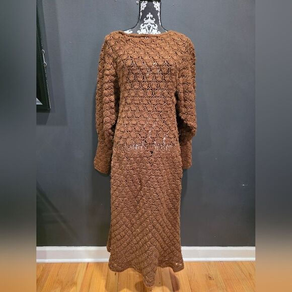 Chocolate Brown Crochet Balloon Sleeve Scallop Fan Design Drop Waist Maxi Dress - Picture 1 of 13